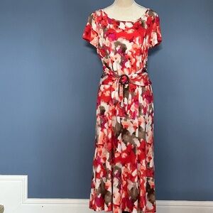 Chelsea Suite Size 14 Peach Tones Abstract Print Midi Dress with Waist Detail
